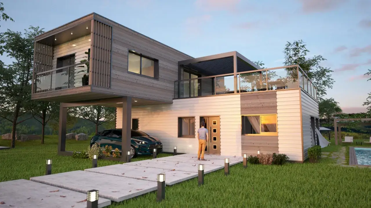 Une élégante maison conteneur moderne avec une voiture garée, une allée éclairée et une piscine.
