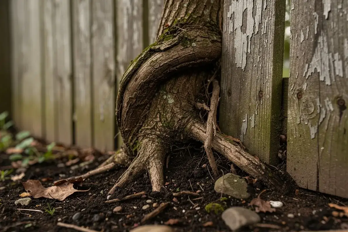 Gros plan sur un tronc d'arbre noueux s'enroulant autour d'une vieille clôture en bois. On dirait que mon voisin refuse de couper ses branches, qui s'incrustent dans le bois.