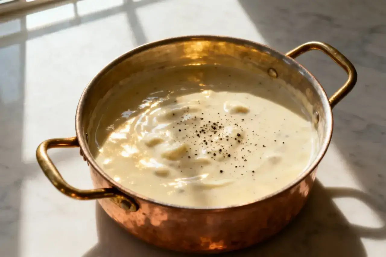 Sauce blanche crémeuse, parsemée de poivre noir, dans une casserole en cuivre. Parfaite pour accompagner vos plats.