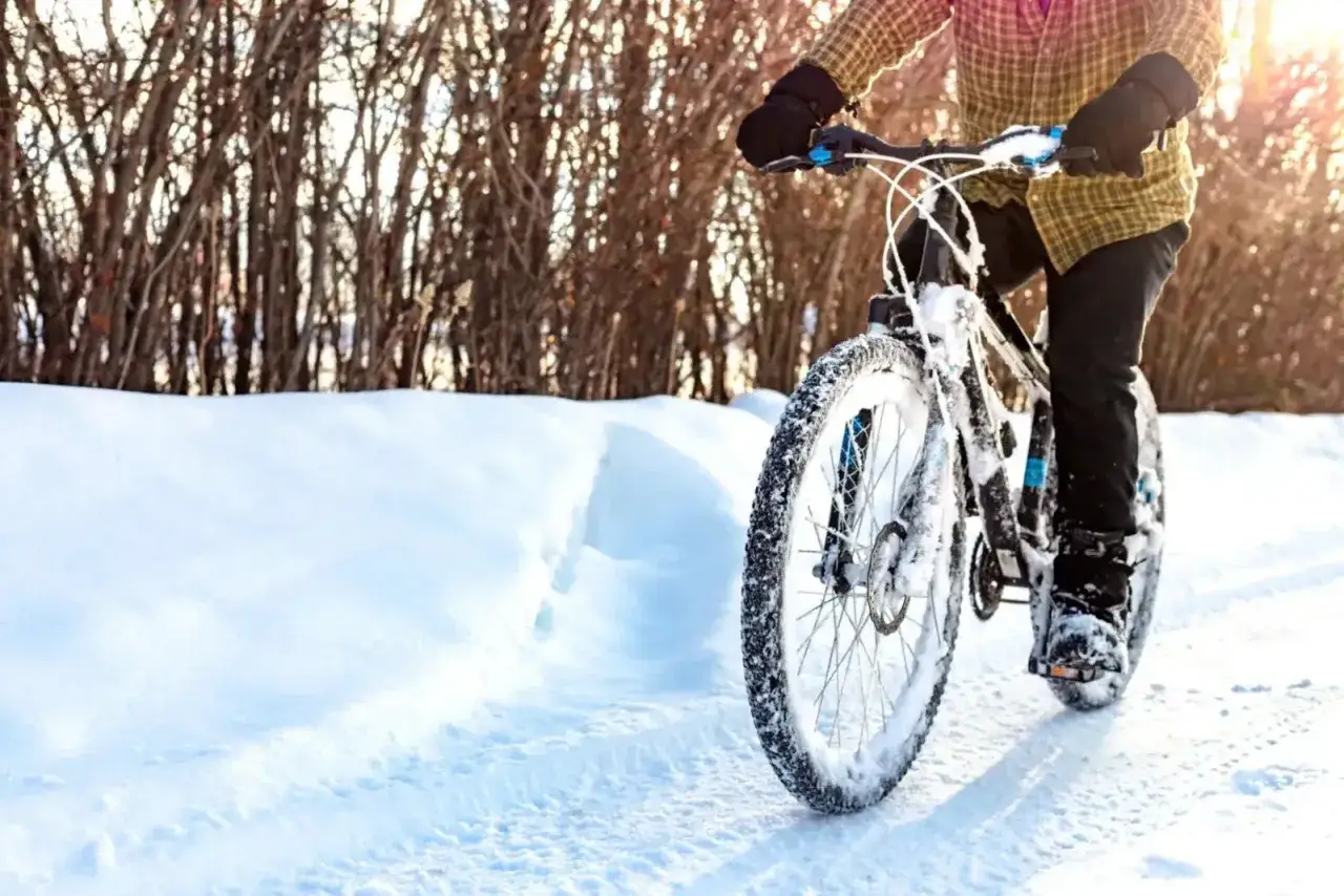 En person cyklar på en elcykel på en snöig stig. Solen skiner genom träden i bakgrunden.