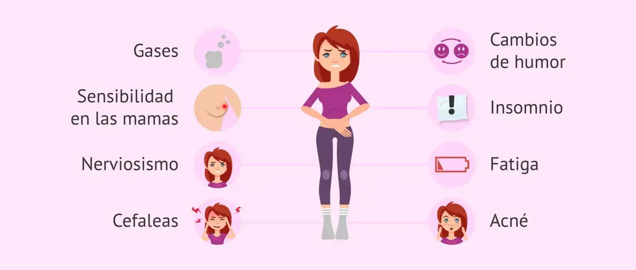 Ilustraci&oacute;n de mujer con s&iacute;ntomas premenstruales: gases, sensibilidad en mamas, nerviosismo, cefaleas, cambios de humor, insomnio, fatiga y acn&eacute;. Ansiedad antes de la regla.