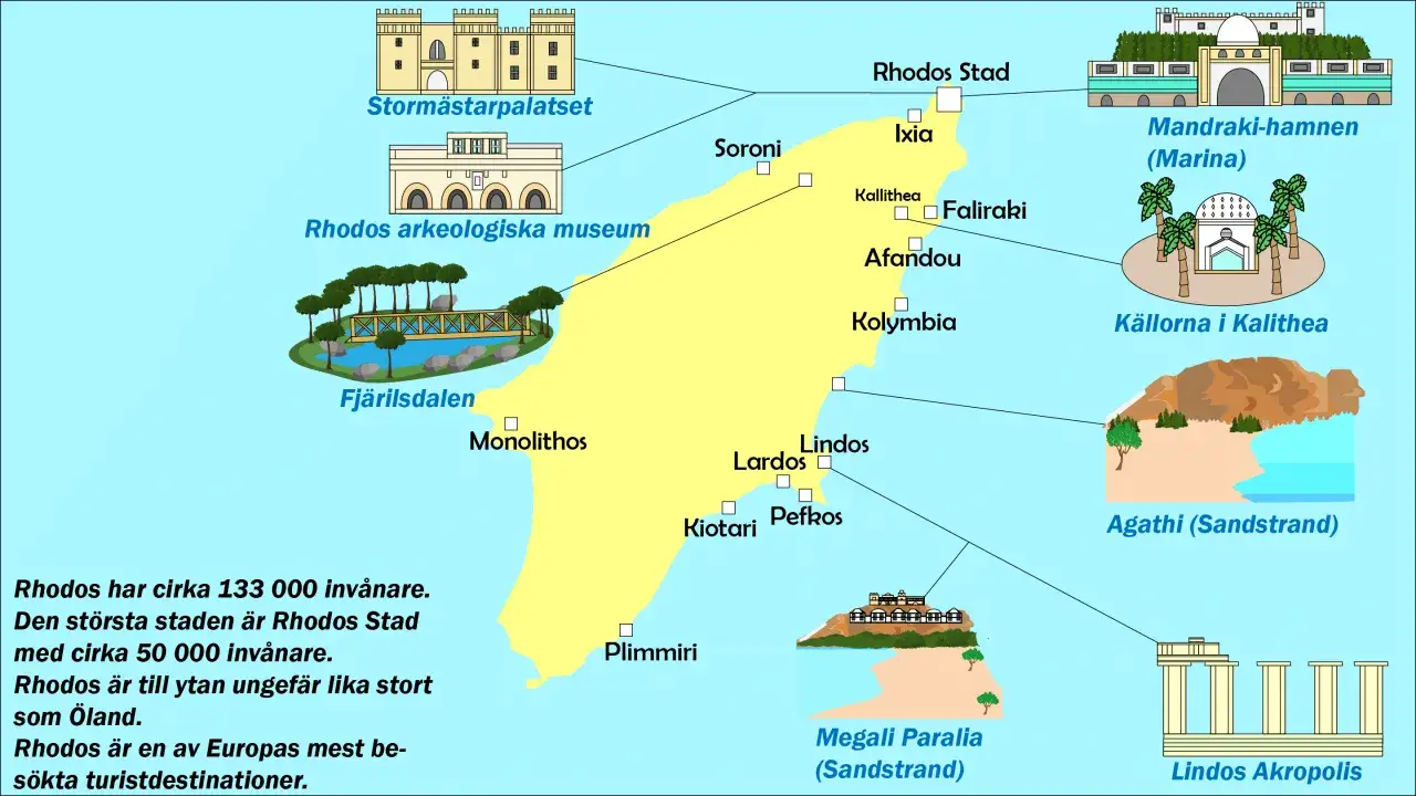 Karta över Rhodos med sevärdheter som Stormästarpalatset, Rhodos Stad och Lindos Akropolis. Utforska ön!