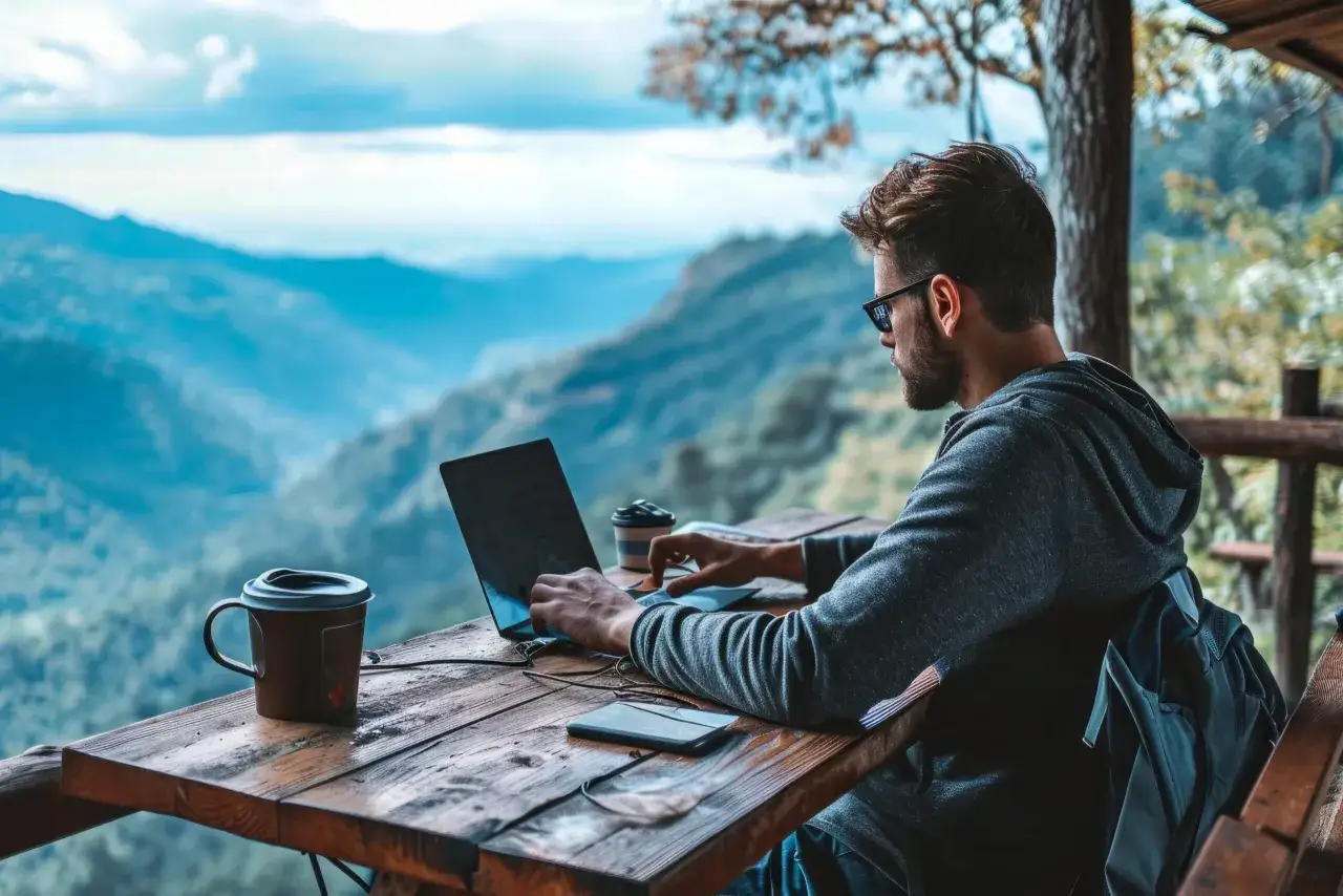 Man med solglas&ouml;gon arbetar p&aring; laptop vid ett tr&auml;bord med utsikt &ouml;ver berg. En dr&ouml;m f&ouml;r alla som s&ouml;ker digital nomad jobb.