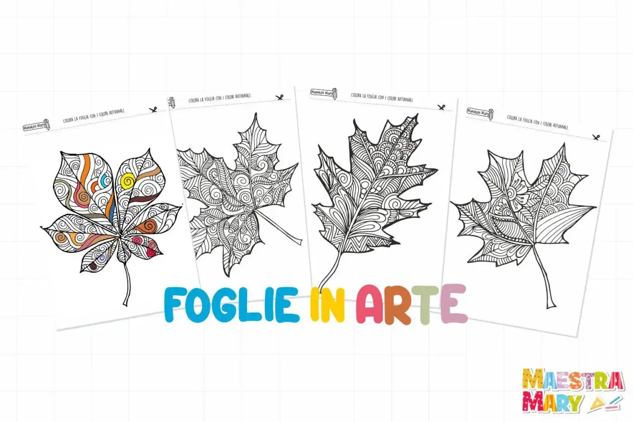 Fogli d'autore da colorare, con disegni intricati di foglie autunnali pronte per essere vivacizzate con i colori della stagione.