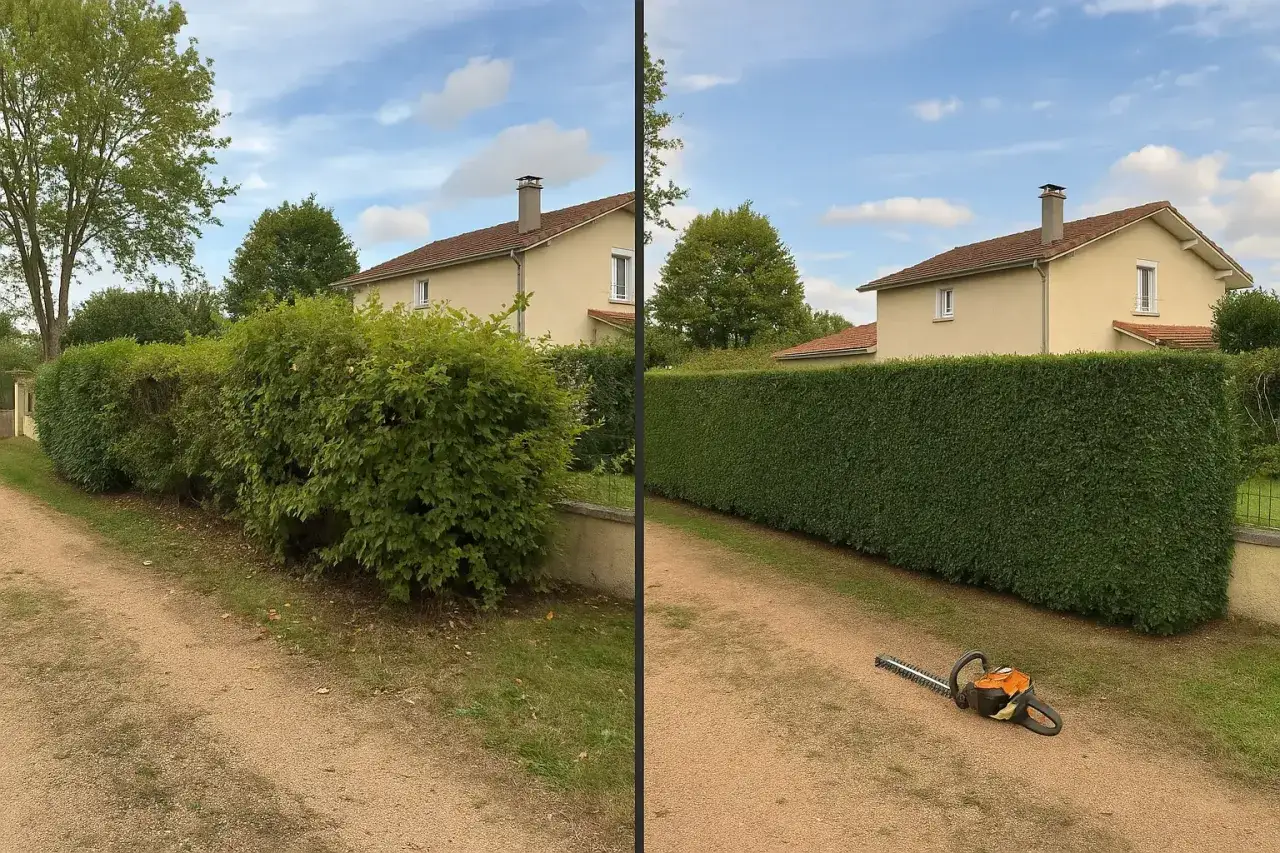 Avant/après : un entretien des haies a transformé une haie touffue en une bordure nette et uniforme, prête pour l'été.