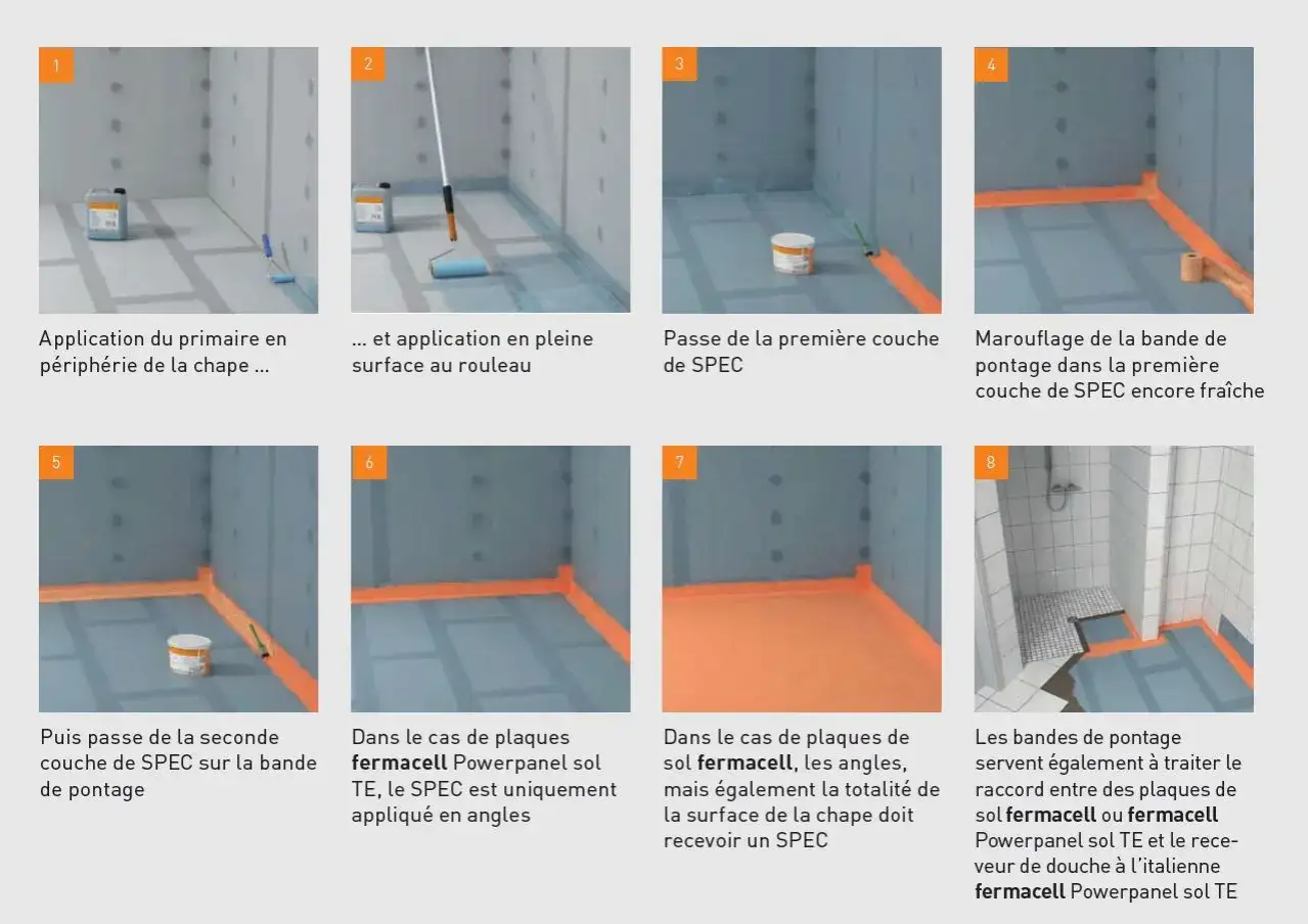 Application de primaire et de SPEC pour **colle carrelage plancher chauffant**. &Eacute;tapes de pose d'une bande de pontage et de couches de SPEC.