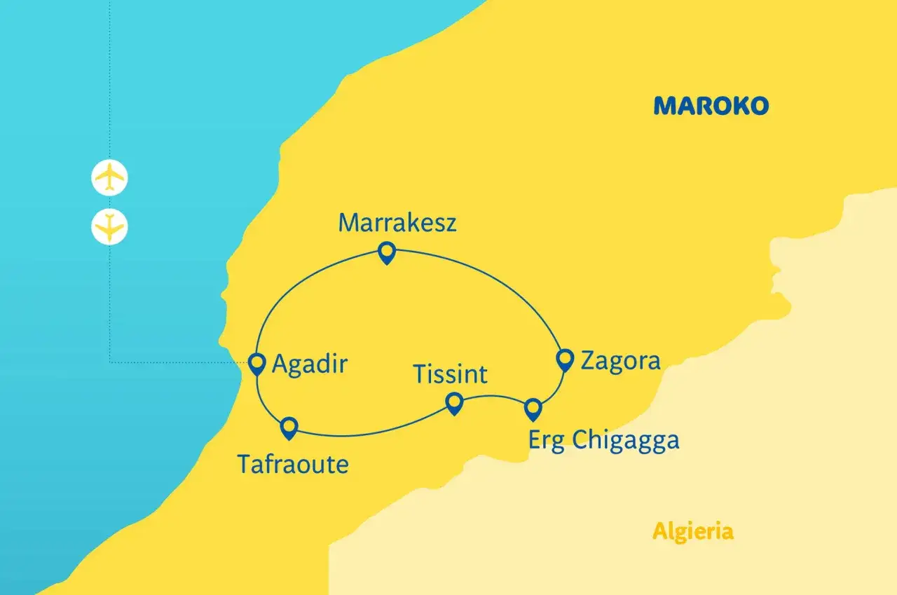 Mapa Maroka z trasą wycieczki: Agadir, Tafraoute, Tissint, Zagora, Erg Chigagga, Marrakesz. Dwa samoloty sugerują, ile się leci do Maroko.