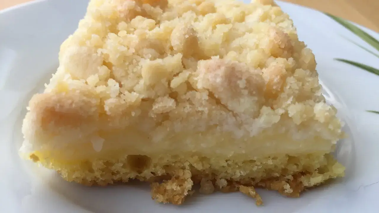 Ein Stück Streuselkuchen mit Pudding, das auf einem Teller liegt. Die goldbraunen Streusel bedecken eine cremige Puddingfüllung.