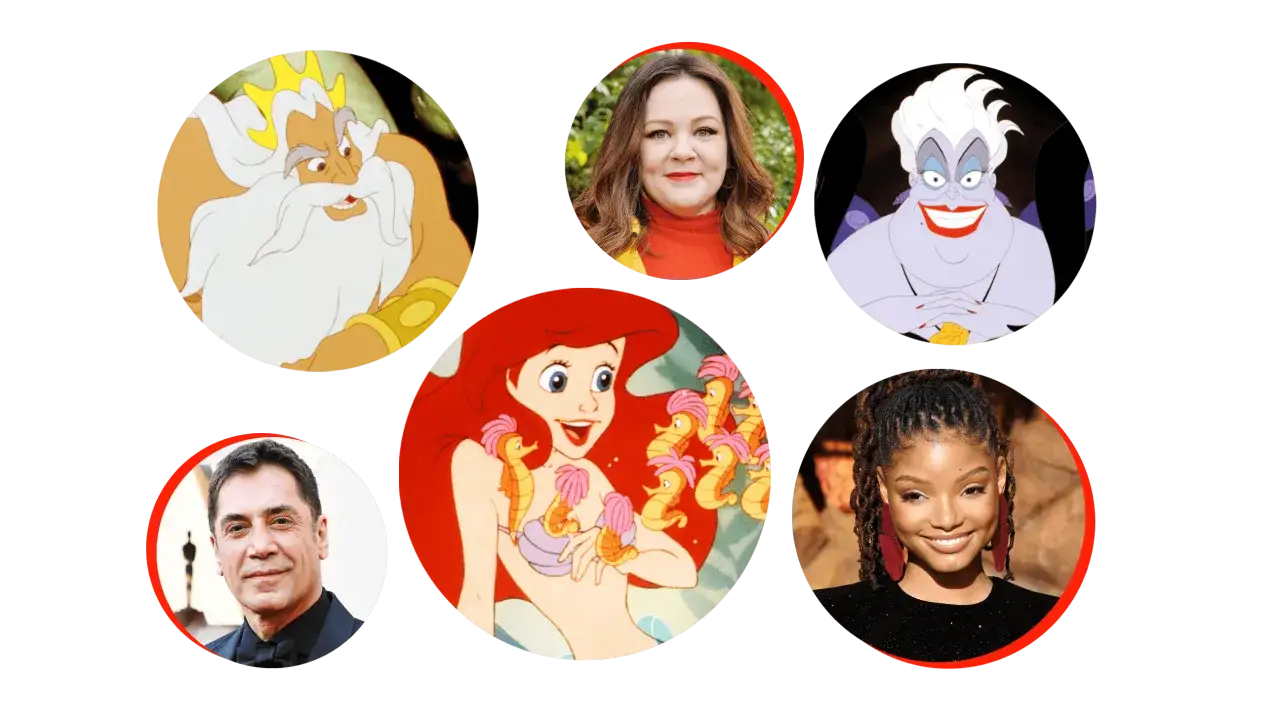 Obsada Małej Syrenki: Król Tryton, Urszula, Ariel, Melissa McCarthy, Javier Bardem i Halle Bailey.