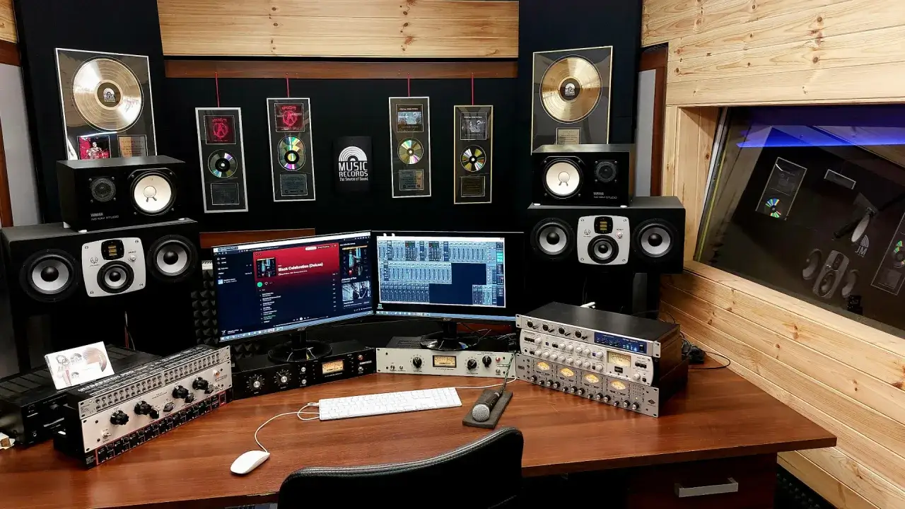 W studiu nagraniowym, gdzie uczestnicy mogą wybierać instrumenty, stoją monitory studyjne, komputery z oprogramowaniem DAW i sprzęt audio.