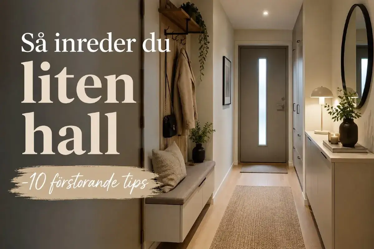 Inreda hall: En smal hall med en b&auml;nk, hatthylla, spegel och f&ouml;rvaring. Tips f&ouml;r att inreda en liten hall.