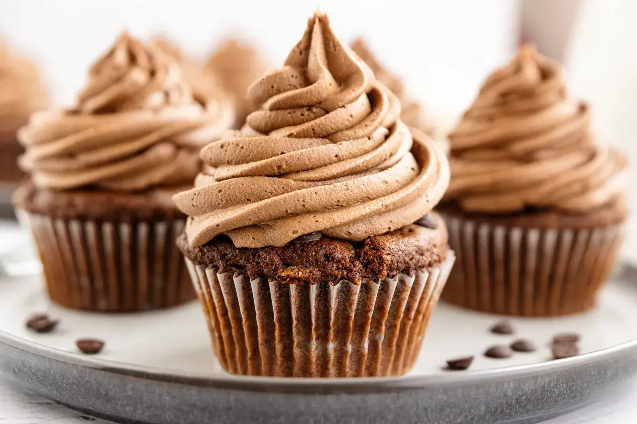 Schokoladen-Cupcakes mit üppiger schoko buttercreme-Haube, dekoriert mit Kakaobohnen.