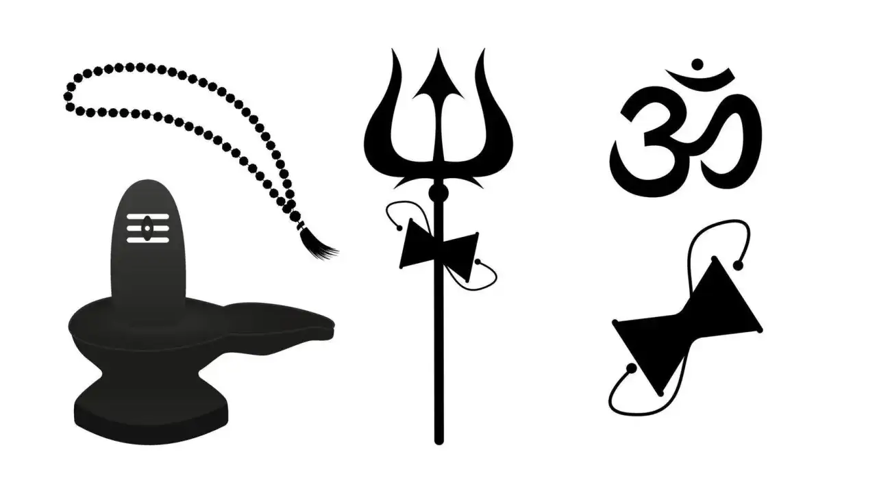 Symboler f&ouml;r shiva hinduism: lingam med radband, trishul (treudd) och damaru (trumma).