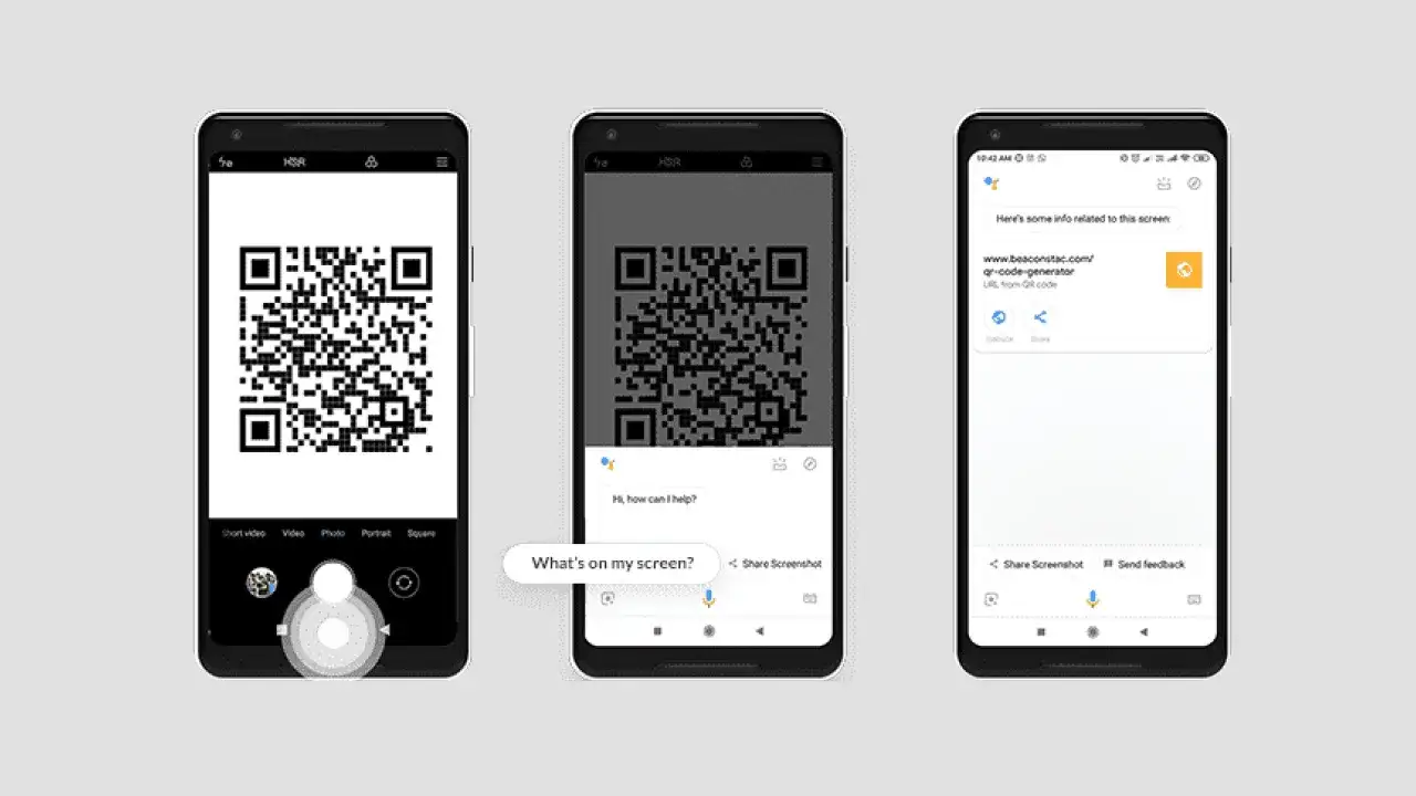 Trzy telefony pokazują, jak darmowy skaner kodów QR działa na ekranie, odczytując link do strony.