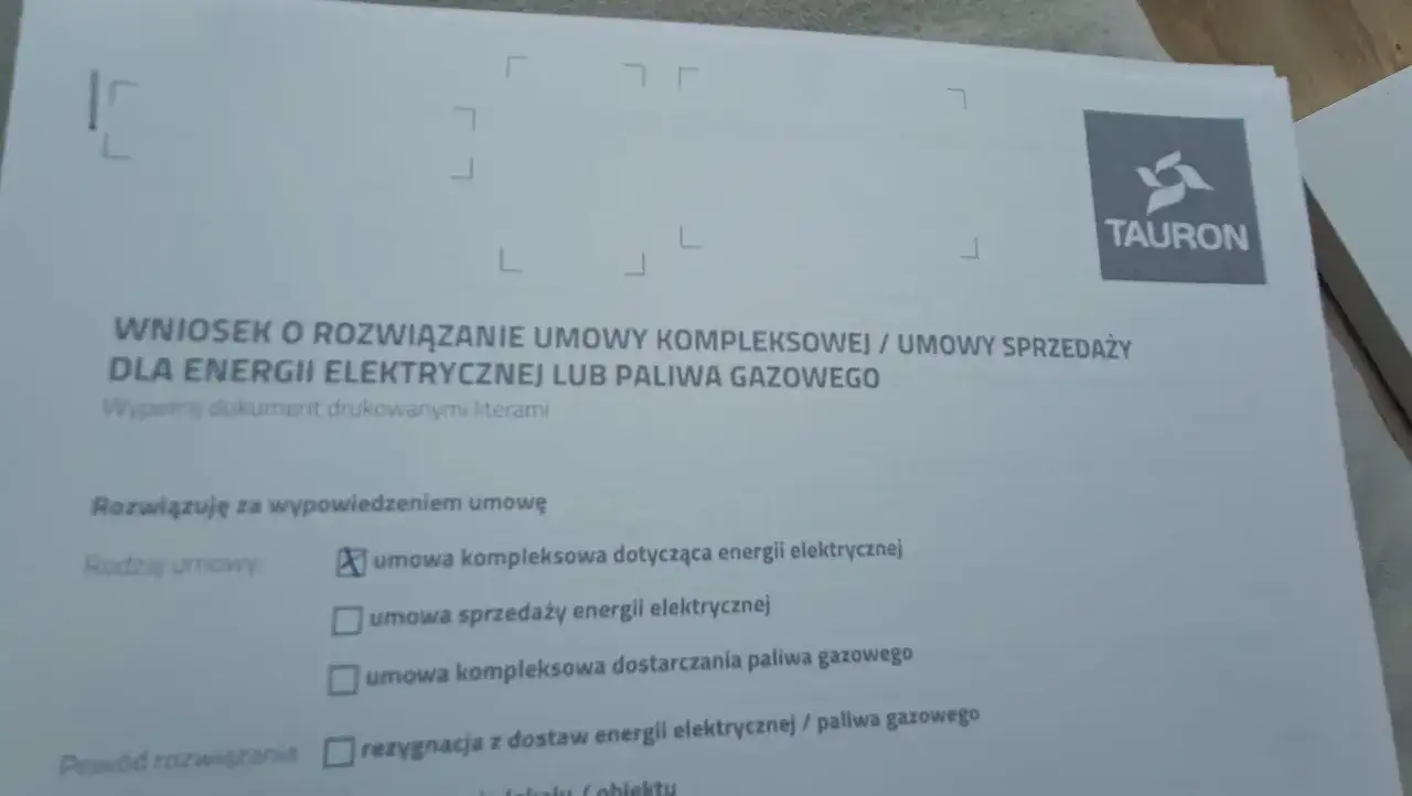Wniosek o rozwiązanie umowy z Tauron. Formularz dotyczy wypowiedzenia umowy kompleksowej energii elektrycznej.