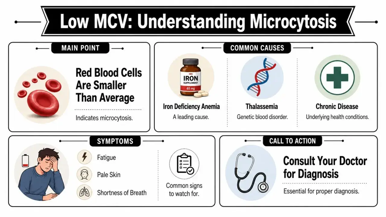 Niski MCV: czerwone krwinki mniejsze od przeciętnych. Przyczyny: anemia z niedoboru żelaza, talasemia, choroby przewlekłe. Objawy: zmęczenie, bladość, duszności. Skonsultuj się z lekarzem.