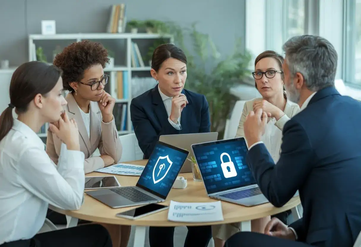 Zakelijke vergadering over cybersecurity. De laptops tonen een schild en een slot. Verzwijgen is liegen, dus transparantie is cruciaal.
