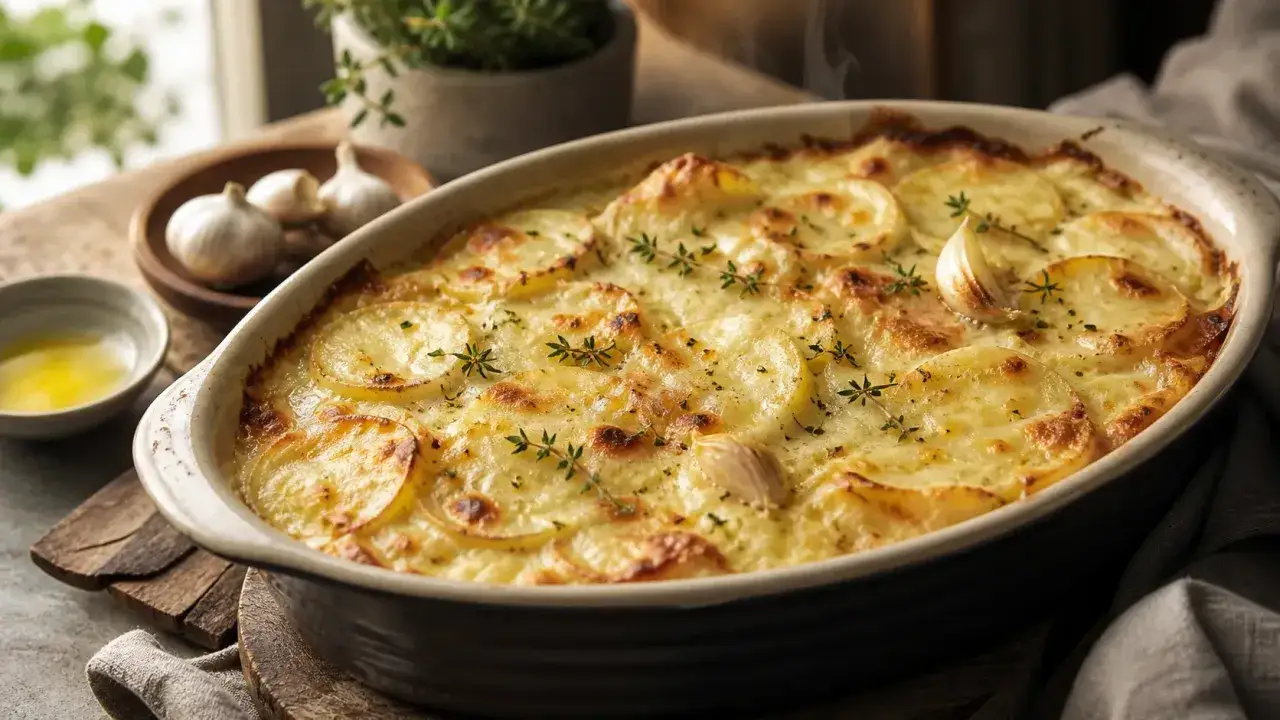 Un gratin dauphinois doré et fumant, garni de thym frais et d'ail, prêt à être dégusté.