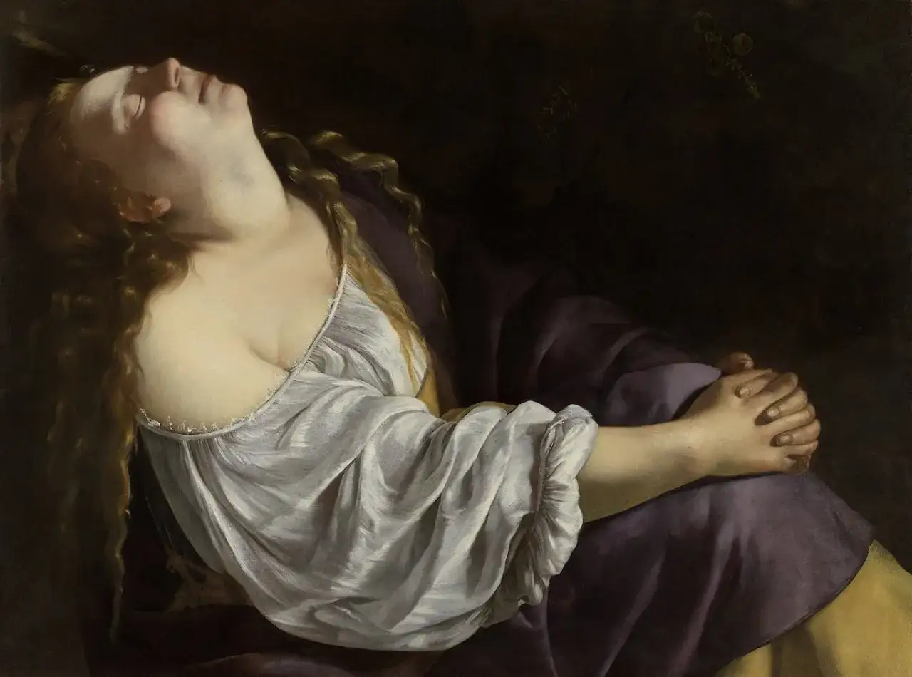 Pintura de Mar&iacute;a Magdalena en &eacute;xtasis, con el rostro inclinado hacia atr&aacute;s y las manos juntas en oraci&oacute;n.