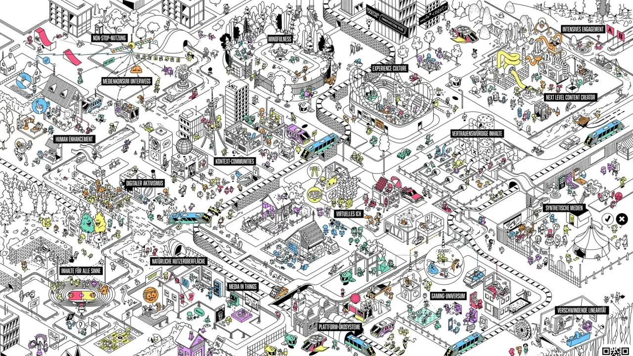 Eine bunte, isometrische Darstellung einer Stadt, die die digitale Transformation und ihre vielfältigen Aspekte wie