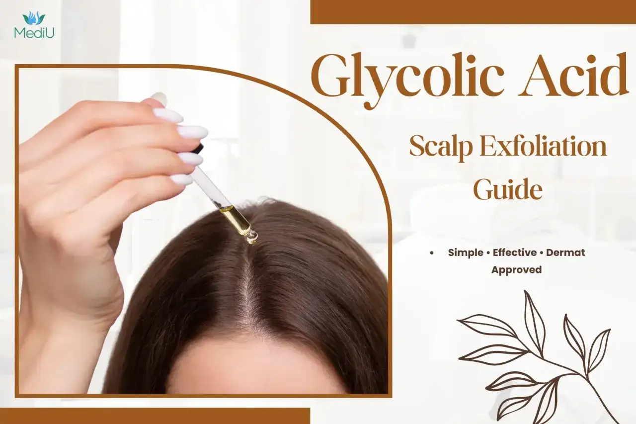 Guía de exfoliación del cuero cabelludo con ácido glicólico. Una mano aplica gotas de producto en el pelo.
