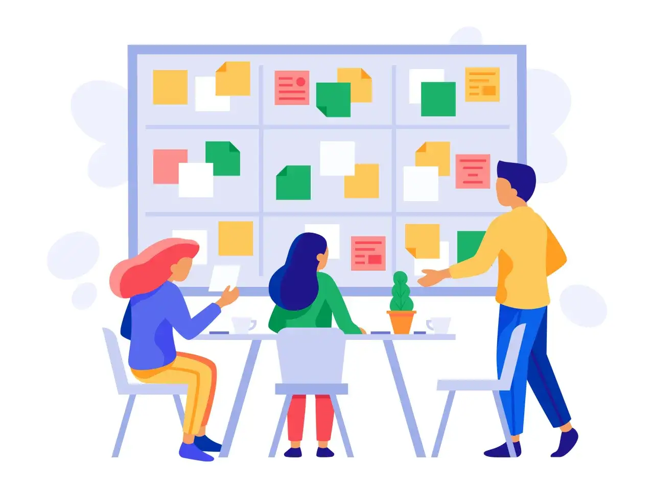 Teamwork an einem **online whiteboard kostenlos**. Drei Personen planen Ideen auf einem großen Board mit bunten Notizen.