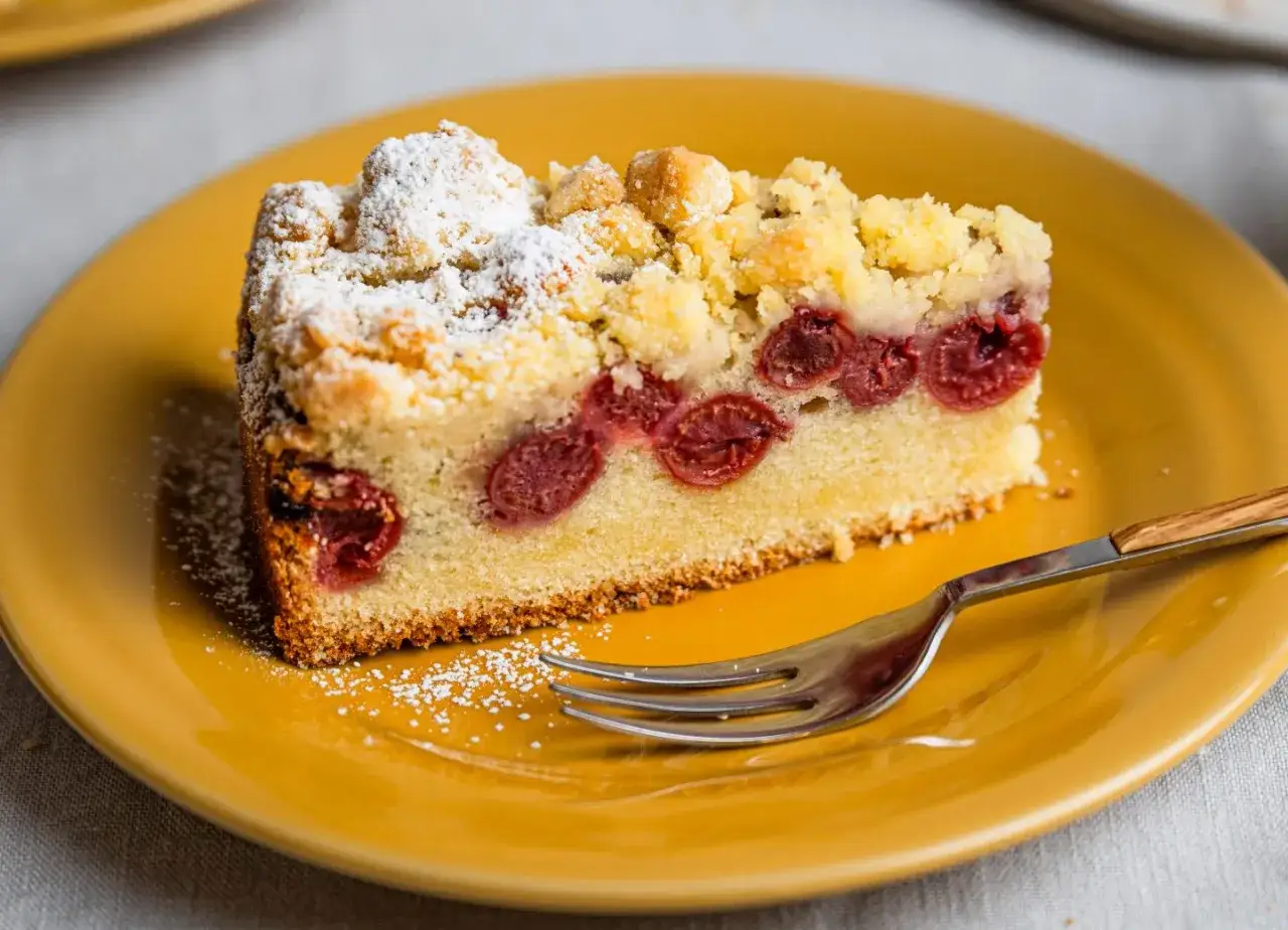 Ein saftiges Stück Kuchen mit Kirschen, bestreut mit Puderzucker und Streuseln, liegt auf einem gelben Teller. Eine Gabel wartet darauf, den köstlichen Kuchen mit Kirschen zu genießen.