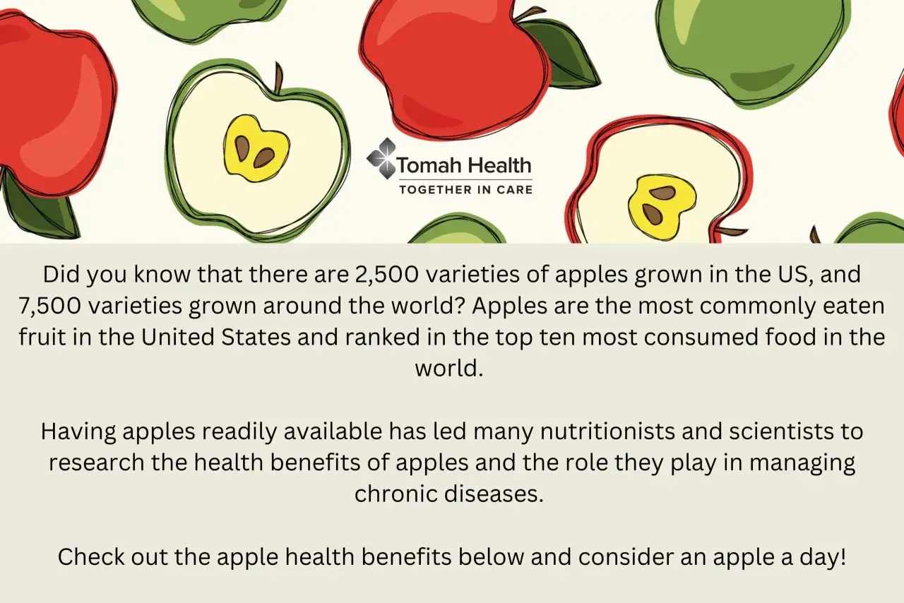 Bunte Äpfel, ganze und angeschnittene, umgeben das Logo von Tomah Health. Der Text hebt die Vielfalt der Äpfel und ihre Apfel Nährwerte hervor, die zu ihrer Beliebtheit beitragen.