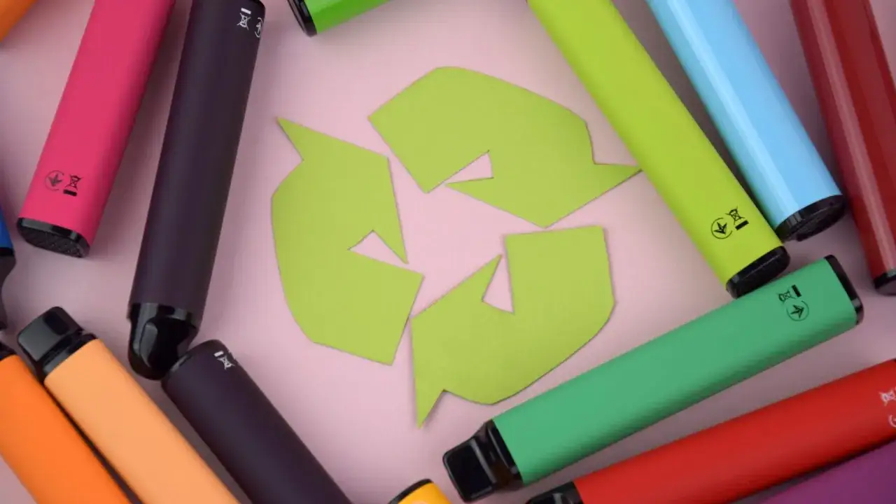 Vapes desechables de colores rodeando un símbolo de reciclaje. ¿Qué hacer con un vape desechable? ¡Recicla!