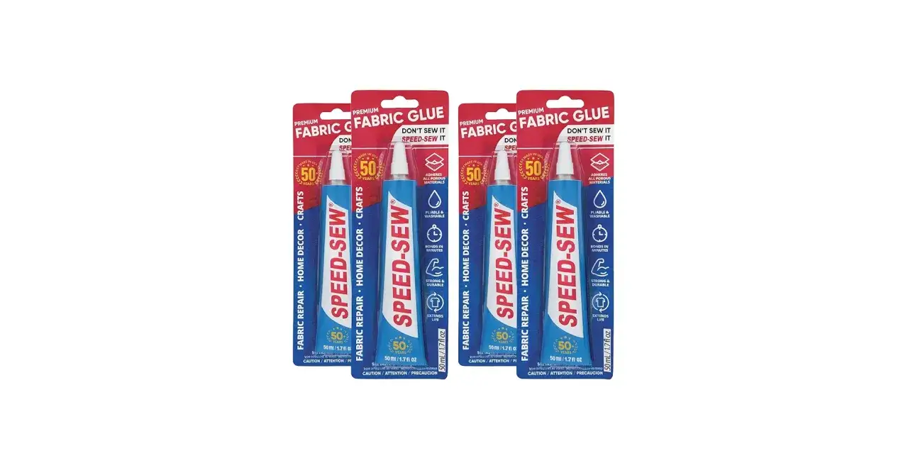 Zwei Packungen Speed-Sew Textilkleber für schnelle und dauerhafte Reparaturen. Ideal für Stoff, Heimdeko und Bastelarbeiten.