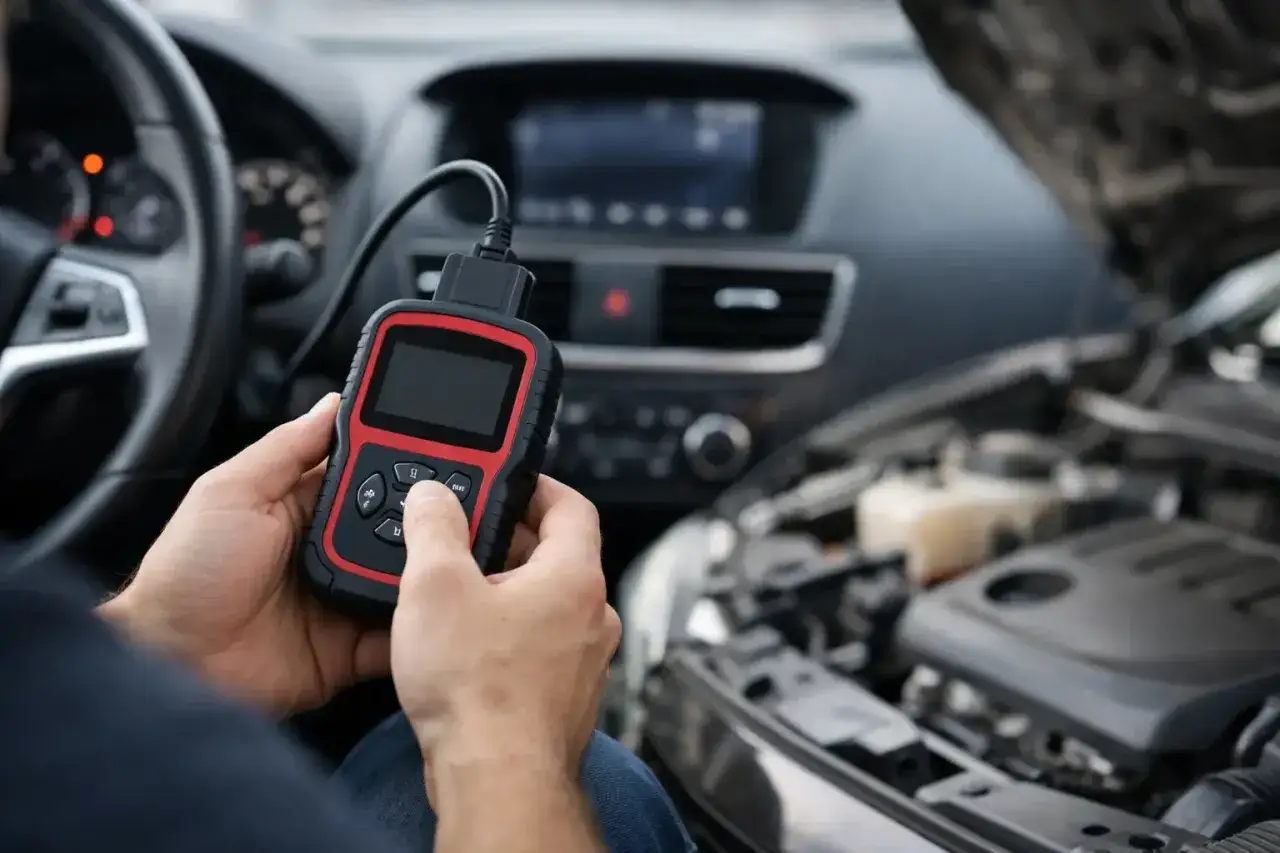 Person anv&auml;nder en OBD2-l&auml;sare f&ouml;r att fels&ouml;ka bilen. Den visar obd2 felkoder p&aring; svenska f&ouml;r att identifiera problem.