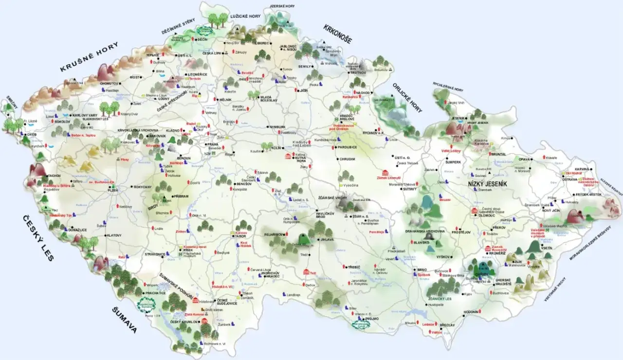 Mapa czeskich pasm górskich przy granicy z Polską