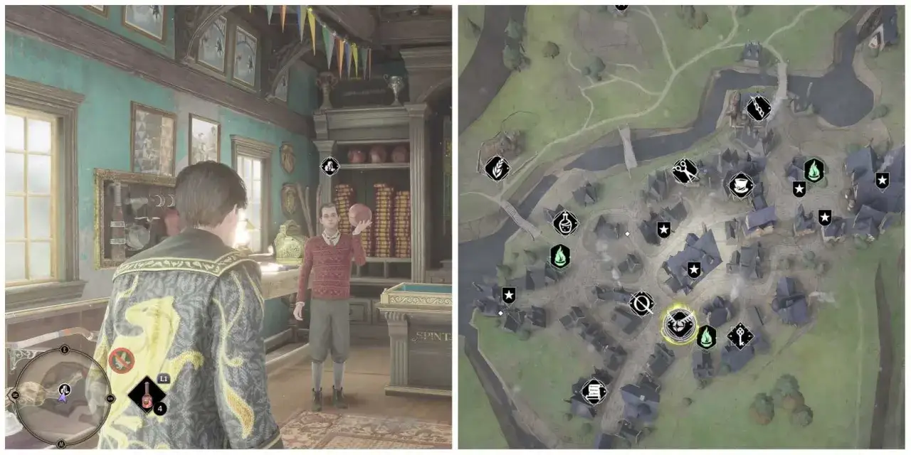 Un jugador en Hogwarts Legacy interactúa con un NPC en una tienda. El mapa muestra la ubicación de varios globos y puntos de interés.
