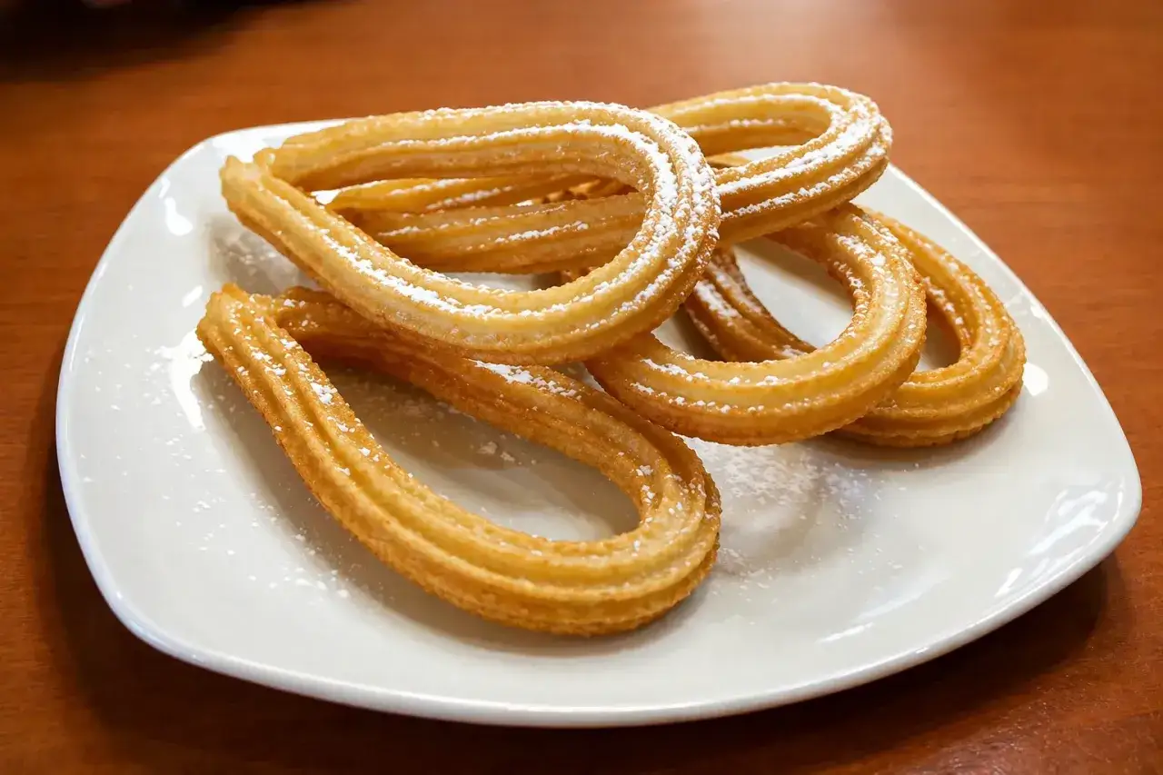 Ein Teller mit goldbraunen, gezuckerten Churros, die nach einem original Churros Rezept zubereitet wurden.