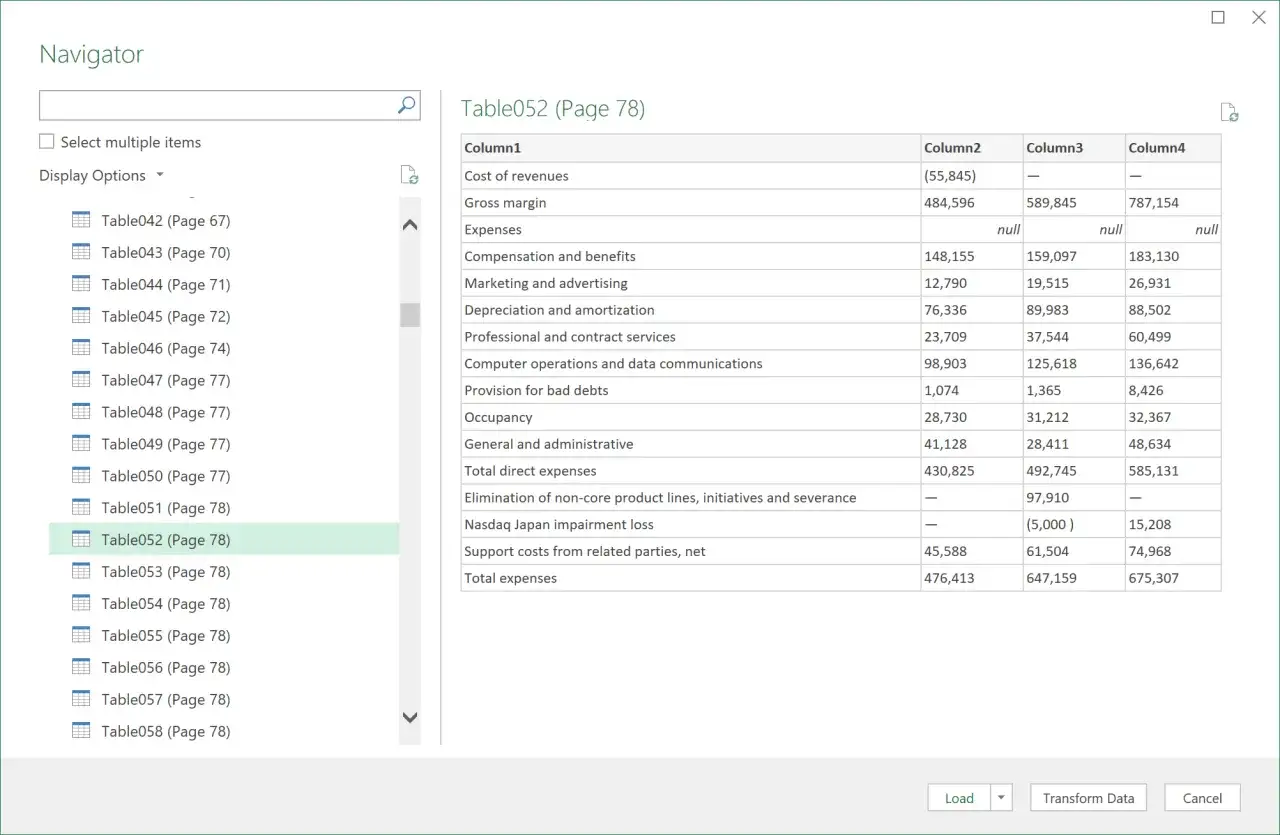 Tabelle 052 (Pagina 78) con colonne di dati finanziari, simile a un file CSV in Excel.