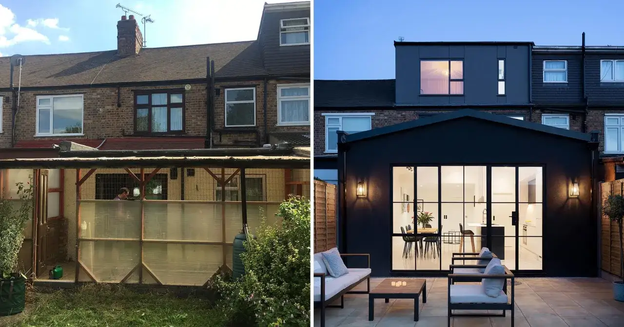 Avant/apr&egrave;s d'une extension maison : d'une v&eacute;randa vieillotte &agrave; une cuisine moderne et un espace ext&eacute;rieur chic.