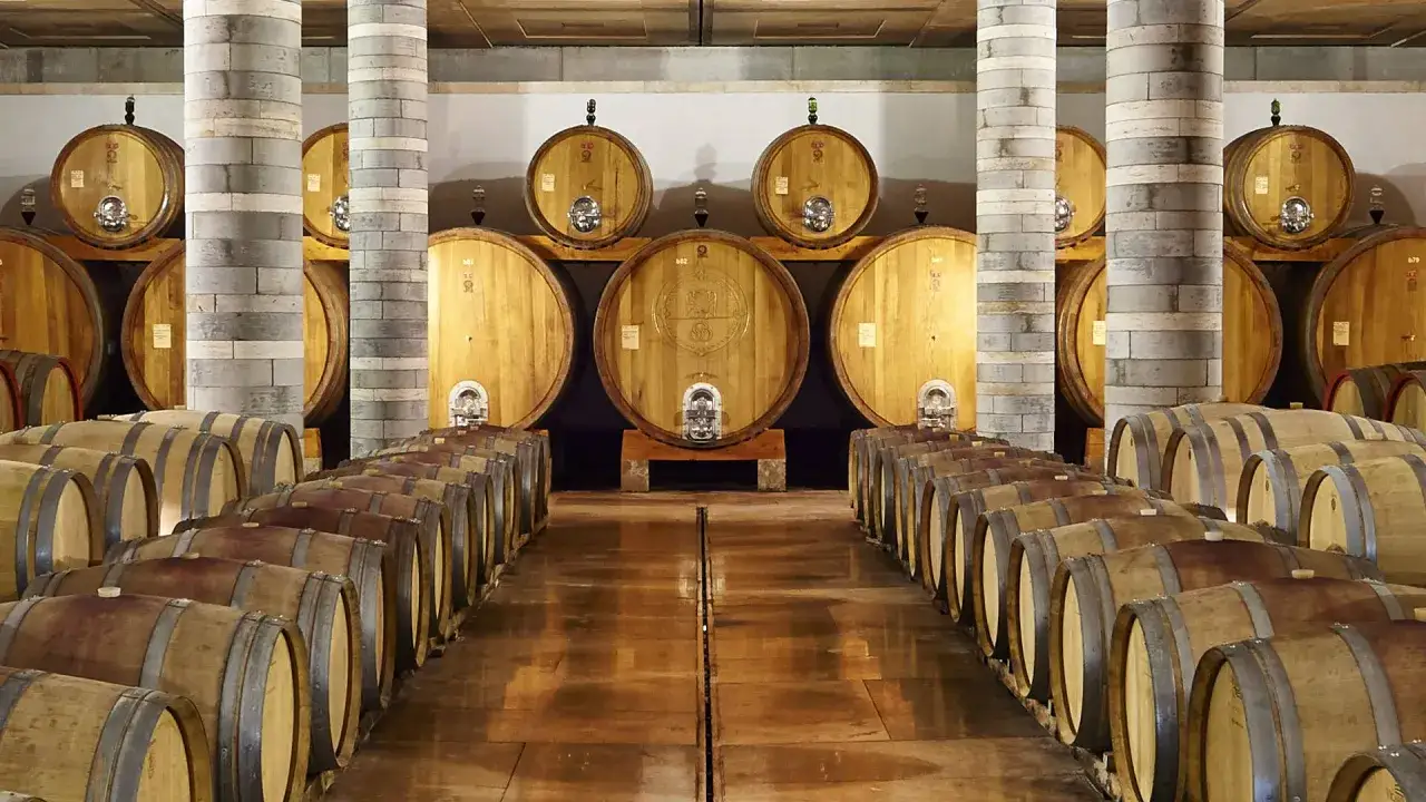 La cantina dei vini, con file di botti di legno e grandi barili in attesa di maturare.