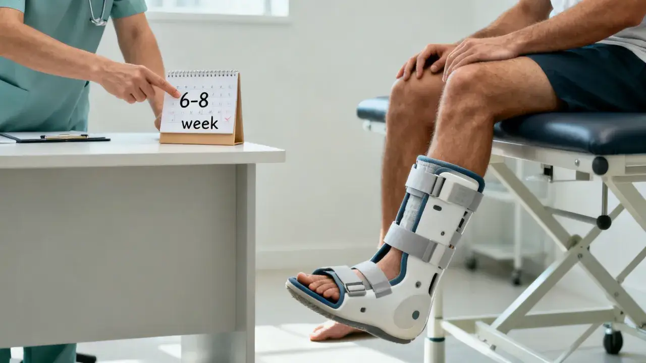 Arzt zeigt auf Kalender: 6-8 Wochen Heilung f&uuml;r eine Calcaneusfraktur-Orthese. Patient sitzt auf Untersuchungsliege.