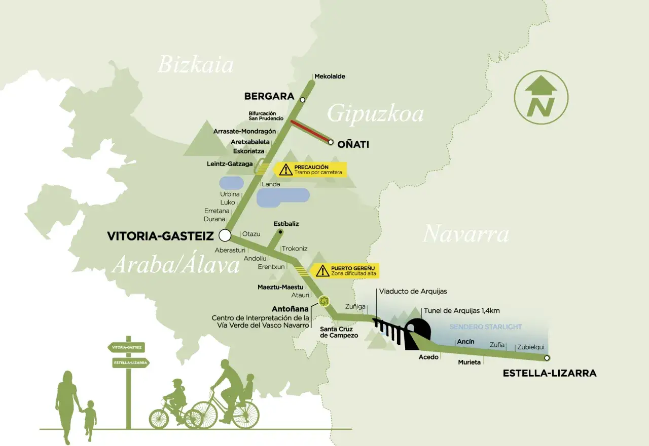 Mapa de las vías verdes de Navarra y País Vasco, mostrando rutas ciclistas y senderos, con siluetas de ciclistas y familias.