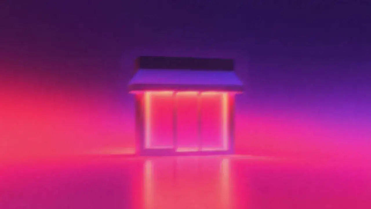 Un edificio estilizado con luces de ne&oacute;n rosas y moradas, evocando ideas de tiendas online modernas y vibrantes.