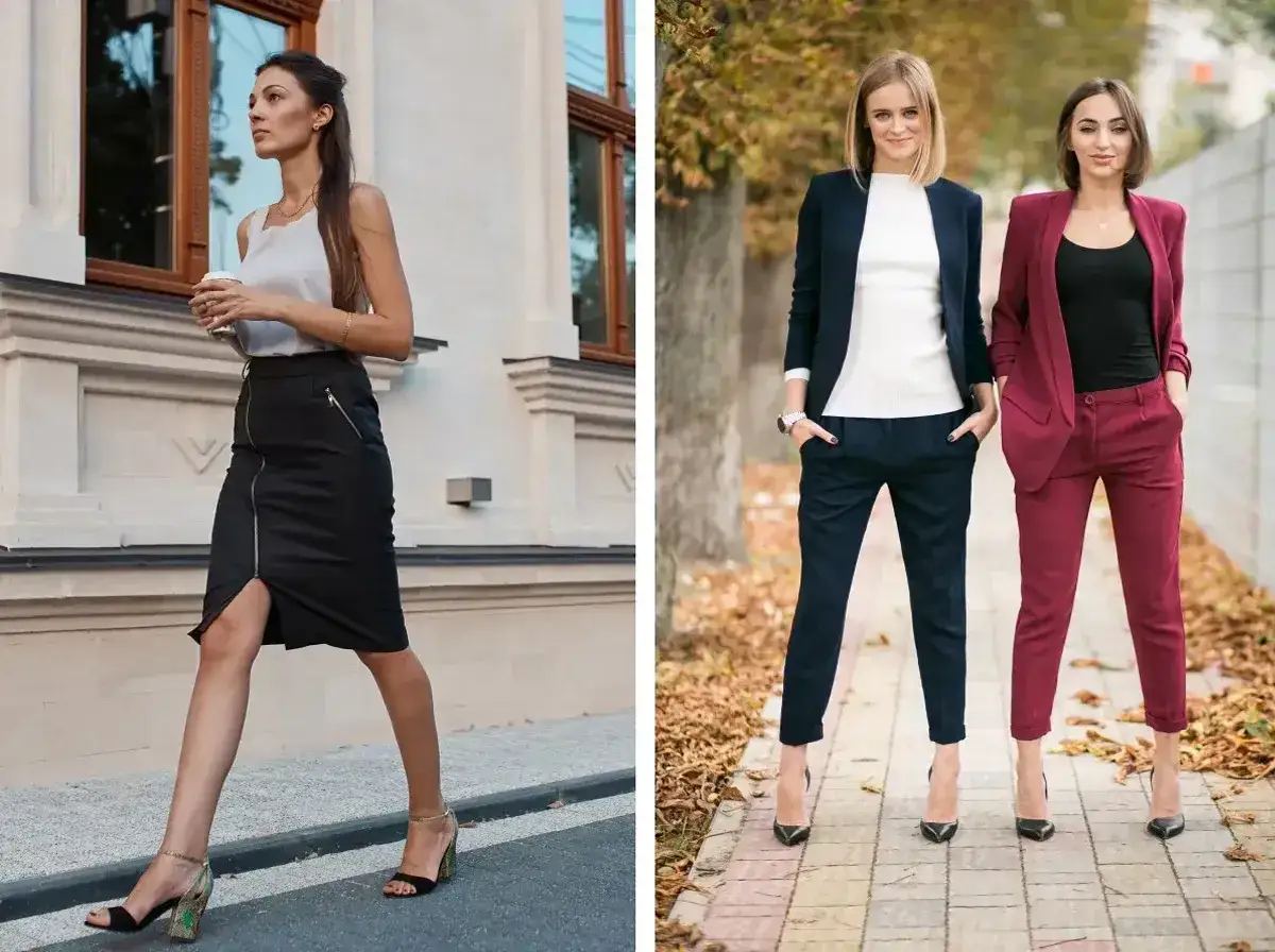Eleganckie stylizacje na imprezę integracyjną: czarna spódnica z zamkiem, granatowy i bordowy garnitur.