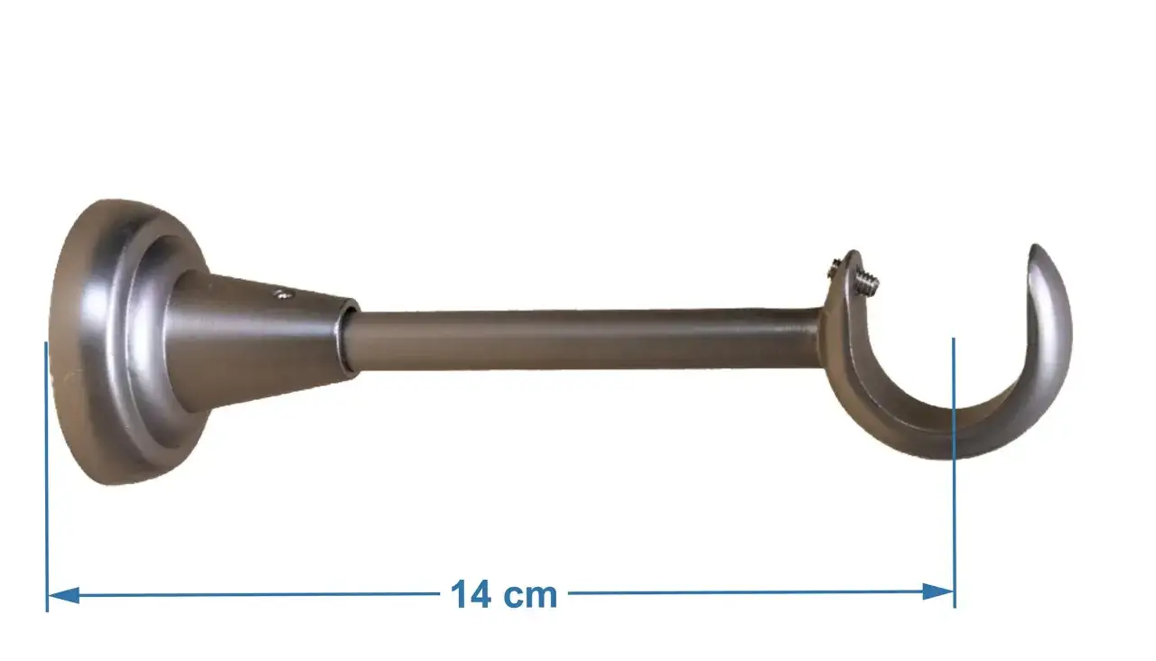 Uchwyt do karnisza pojedynczy, metalowy, o długości 14 cm, gotowy do montażu zasłon.