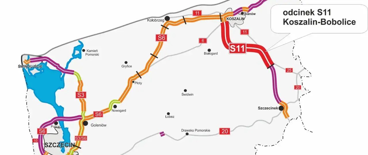 Mapa drogowa pokazuje odcinek S11 Koszalin-Bobolice. Trasa S6 łączy Kołobrzeg z Koszalinem.