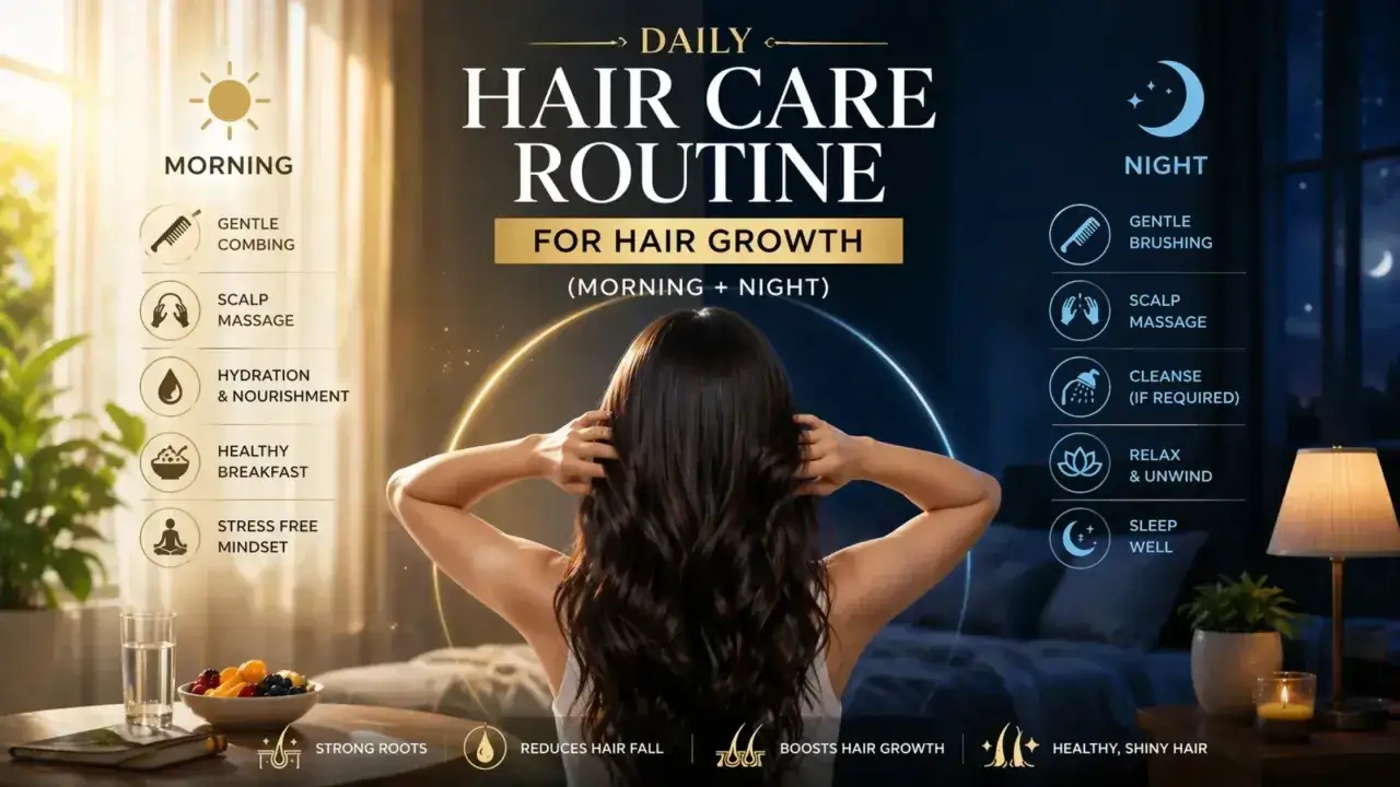 T&auml;gliche Haarpflegeroutine f&uuml;r Haarwachstum anregen: Morgen- und Nachtroutinen mit sanftem K&auml;mmen, Kopfhautmassage und gesunder Ern&auml;hrung.