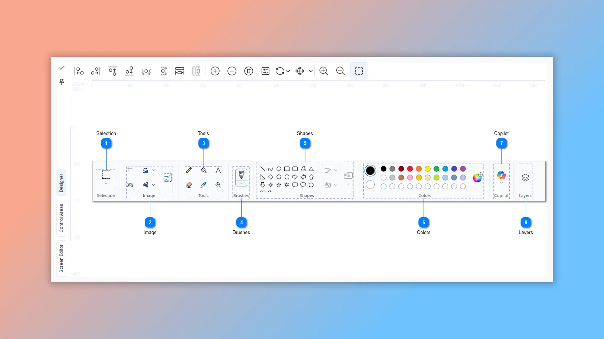 Interfejs programu do edycji grafiki, z zaznaczonymi narzędziami: zaznaczanie, obraz, pędzle, kształty, kolory, Copilot i warstwy. Idealne do pracy z ShareX.