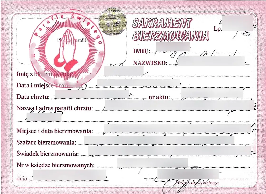 dokumenty kościelne świadectwo bierzmowania