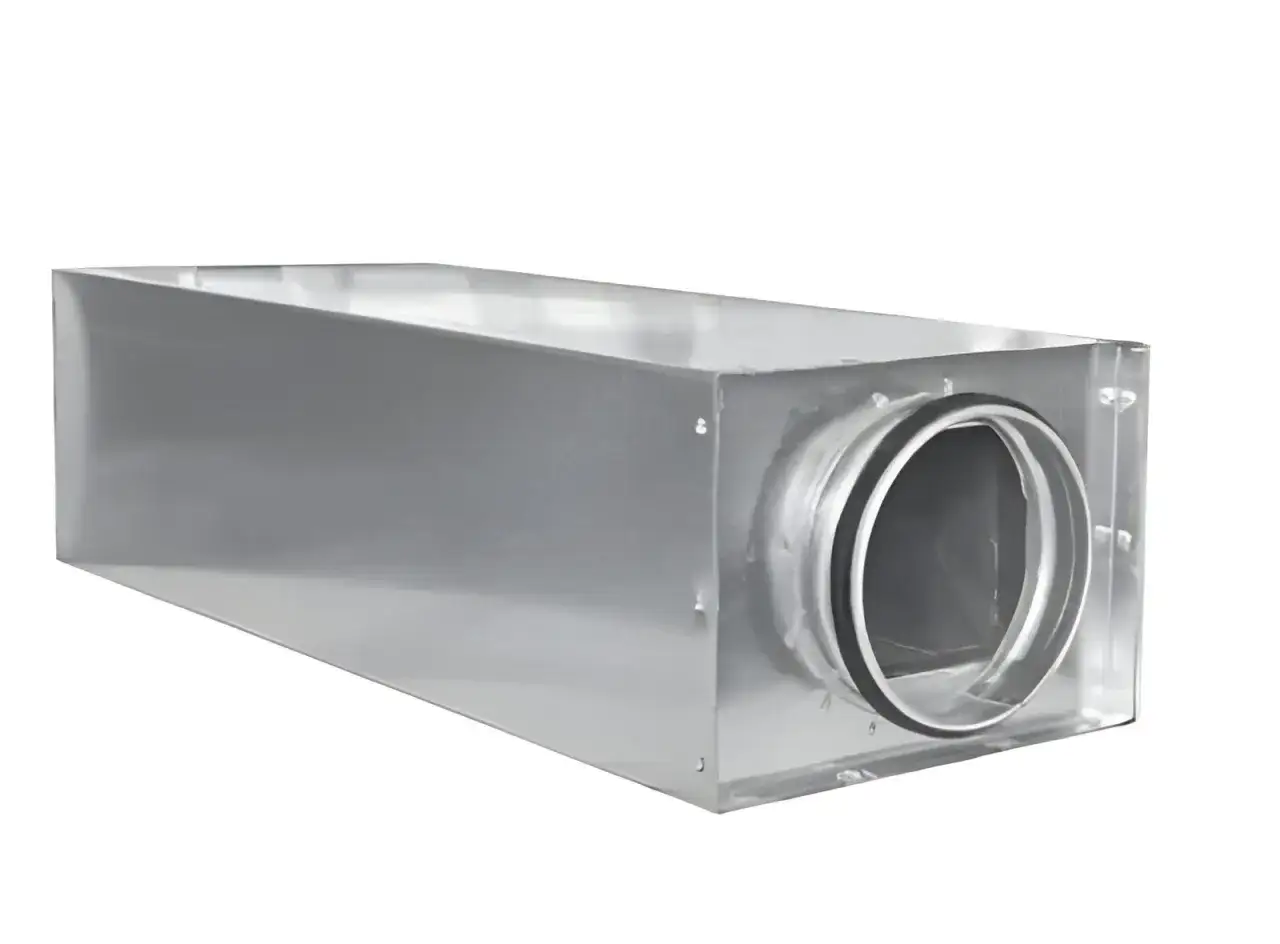 Rektangulär ljuddämpare för ventilation, 160 mm diameter. Tystar effektivt ljud i ventilationssystem.