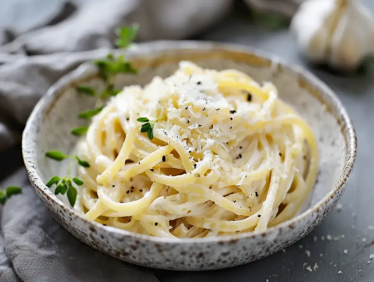 En skål med krämig ostsås pasta, toppad med riven ost och färska örter. En perfekt måltid för en mysig kväll.