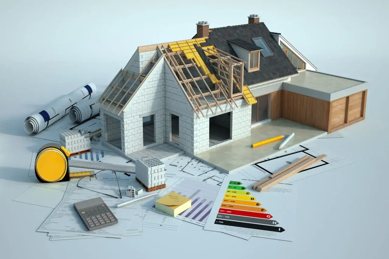 Model domu w budowie, plany, materiały budowlane i kalkulator. Projekt dobudówki w trakcie realizacji.