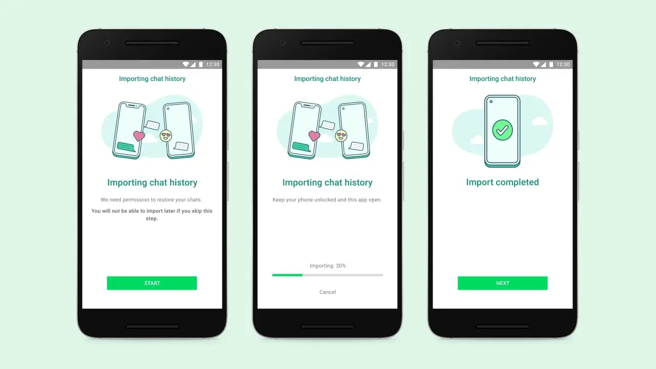 Ekran instalacji WhatsApp: importowanie historii czatów, postęp importu i potwierdzenie zakończenia.